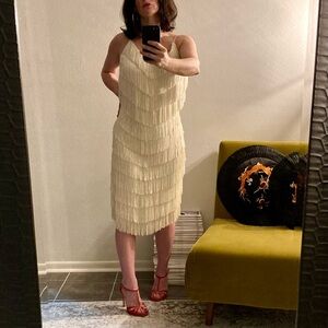 Vintage Fringe Dress, 1970’s Mod Cream Full Fringe Midi Dress